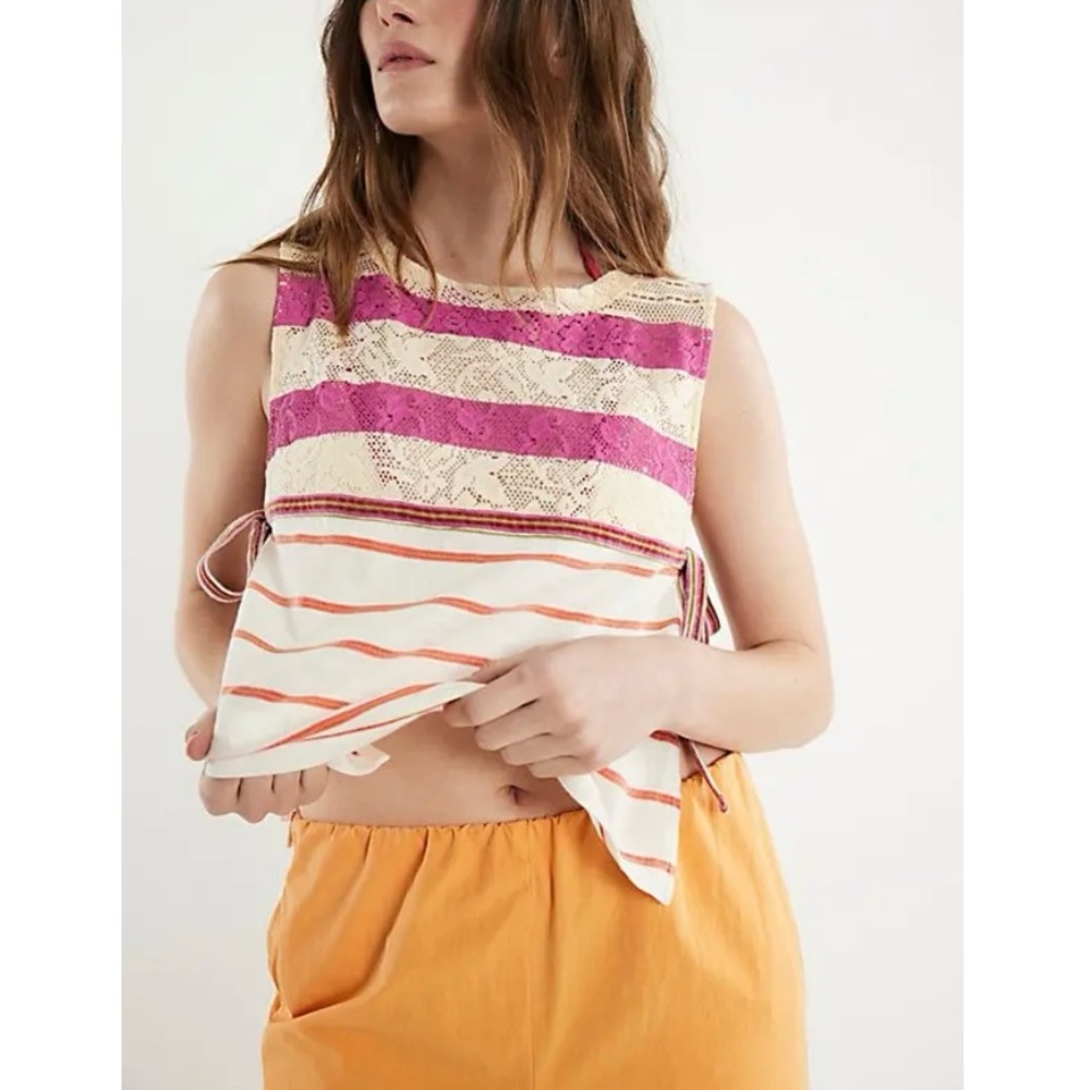 Free People We The Free Shelly Shell Ivory Combo Striped Sleeveless Top Sz M NWT